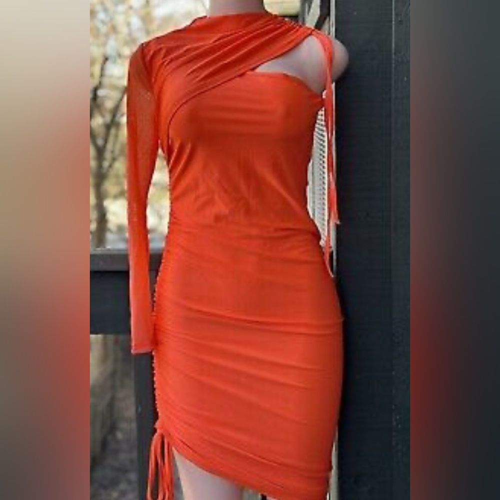 CBR NWT 90s Y2K Bright Orange Asymmetrical Club Dress,One Shoulder,Mesh Sleeve